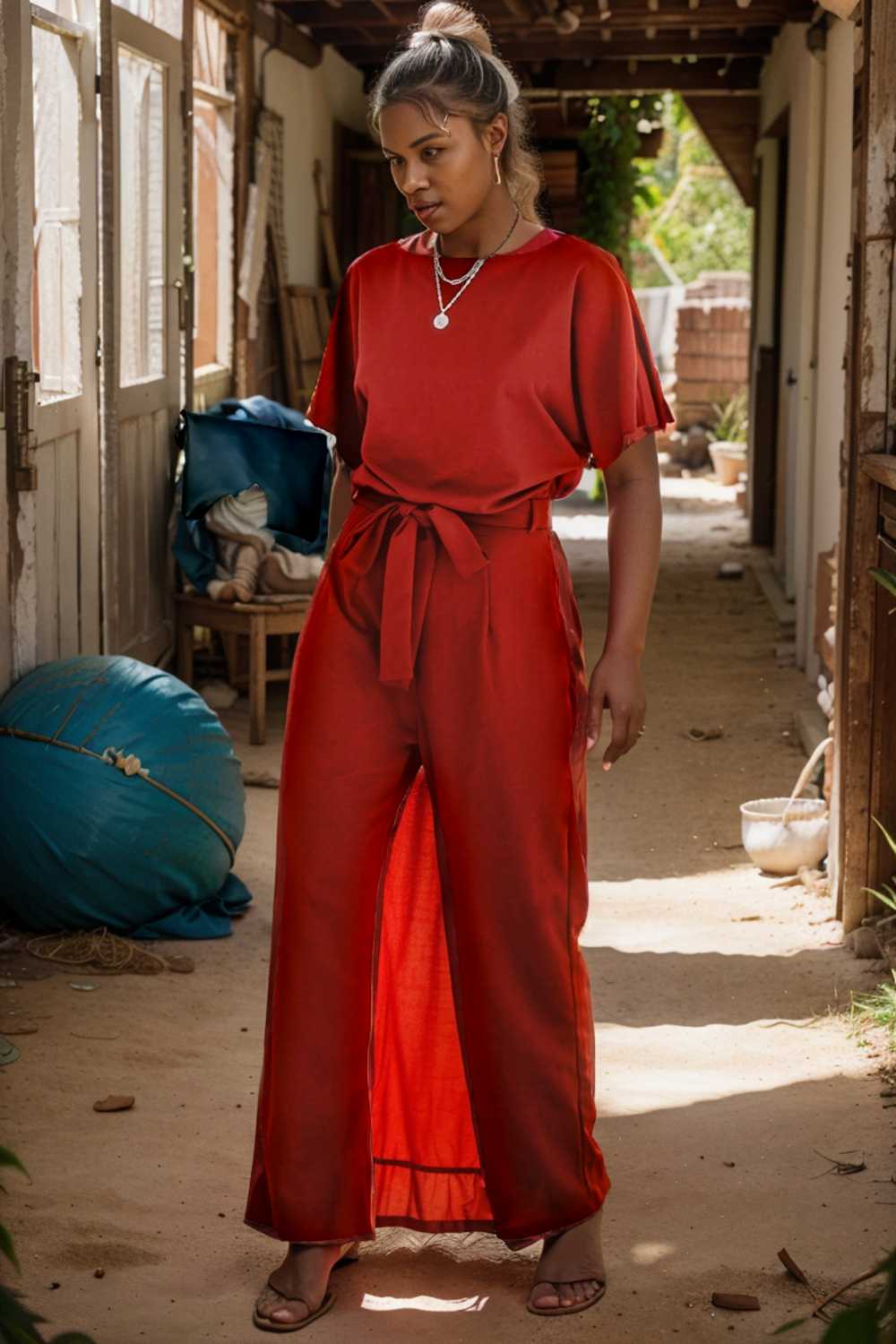 solid five point sleeve belted wide leg jumpsuit 111247
