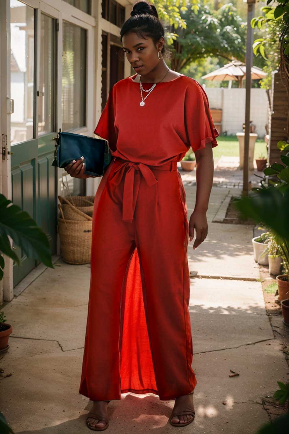 solid five point sleeve belted wide leg jumpsuit 111245