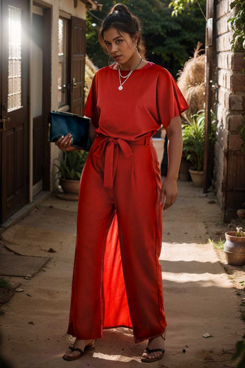 solid five point sleeve belted wide leg jumpsuit 111244