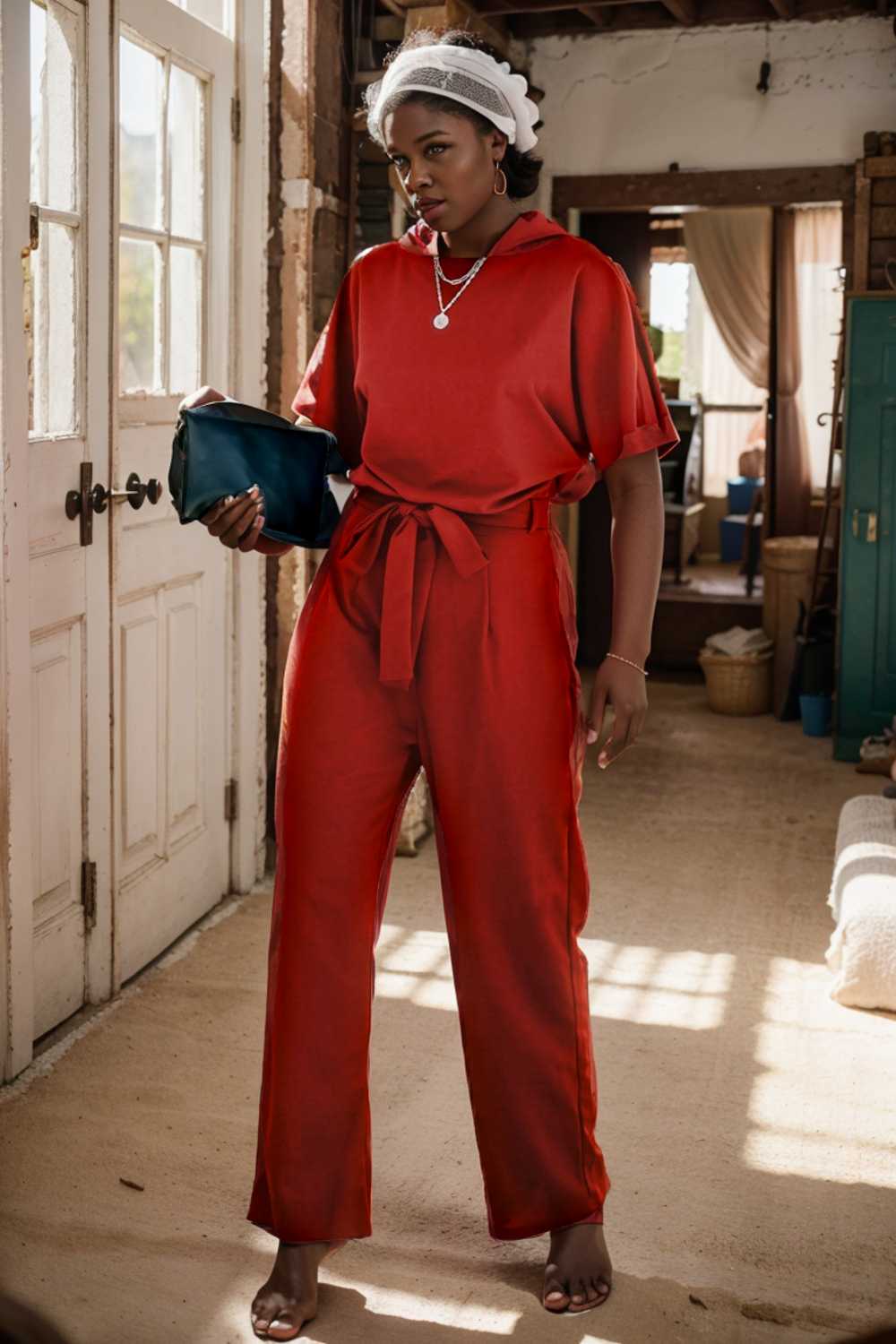solid five point sleeve belted wide leg jumpsuit 111243