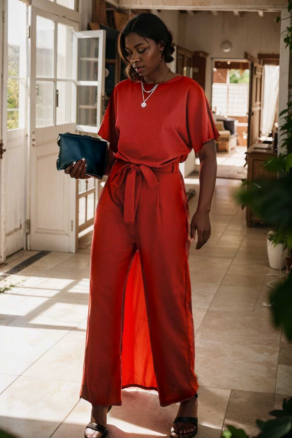 solid five point sleeve belted wide leg jumpsuit 111242