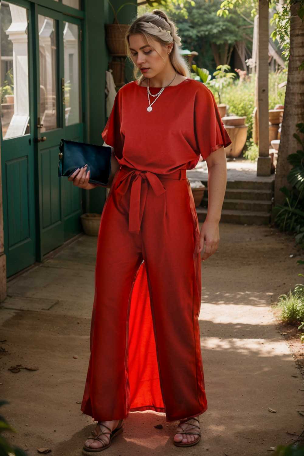 solid five point sleeve belted wide leg jumpsuit 111241