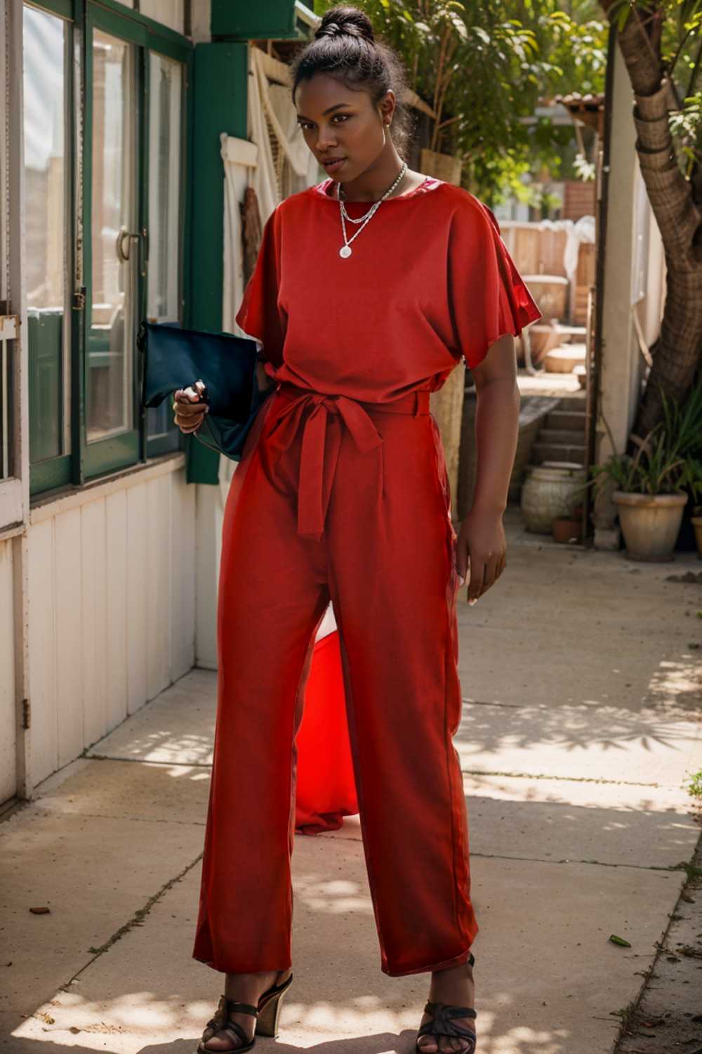 solid five point sleeve belted wide leg jumpsuit 111240