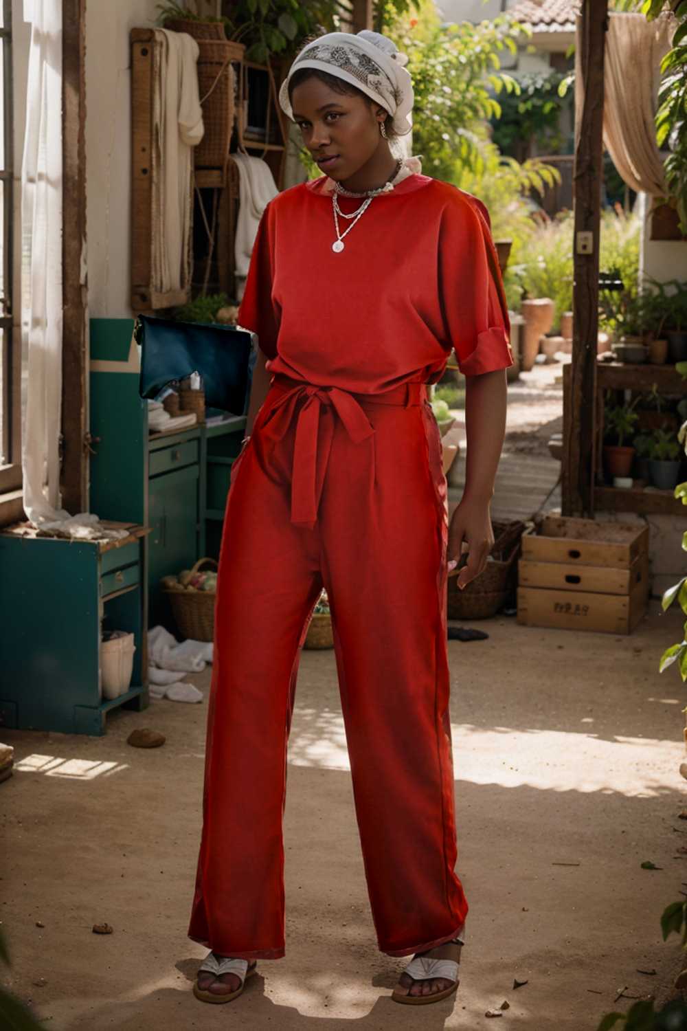 solid five point sleeve belted wide leg jumpsuit 111238
