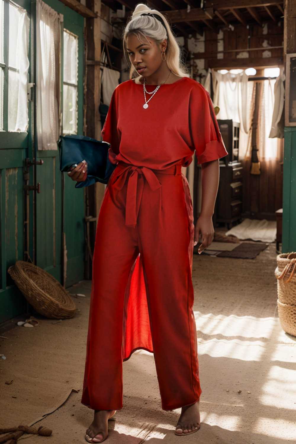 solid five point sleeve belted wide leg jumpsuit 111237