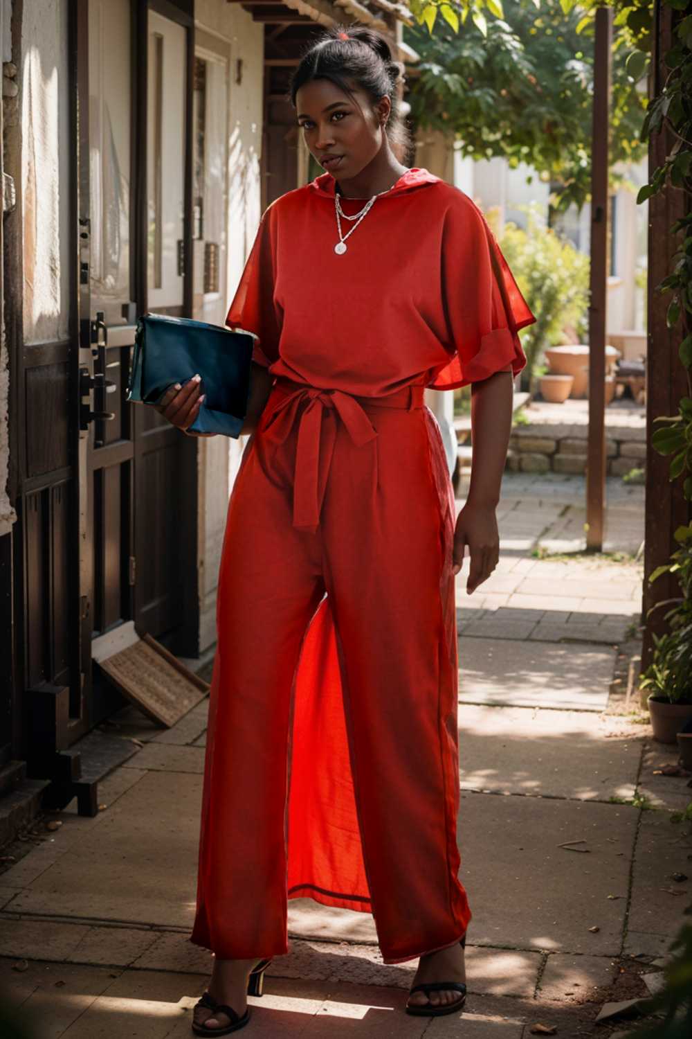 solid five point sleeve belted wide leg jumpsuit 111236
