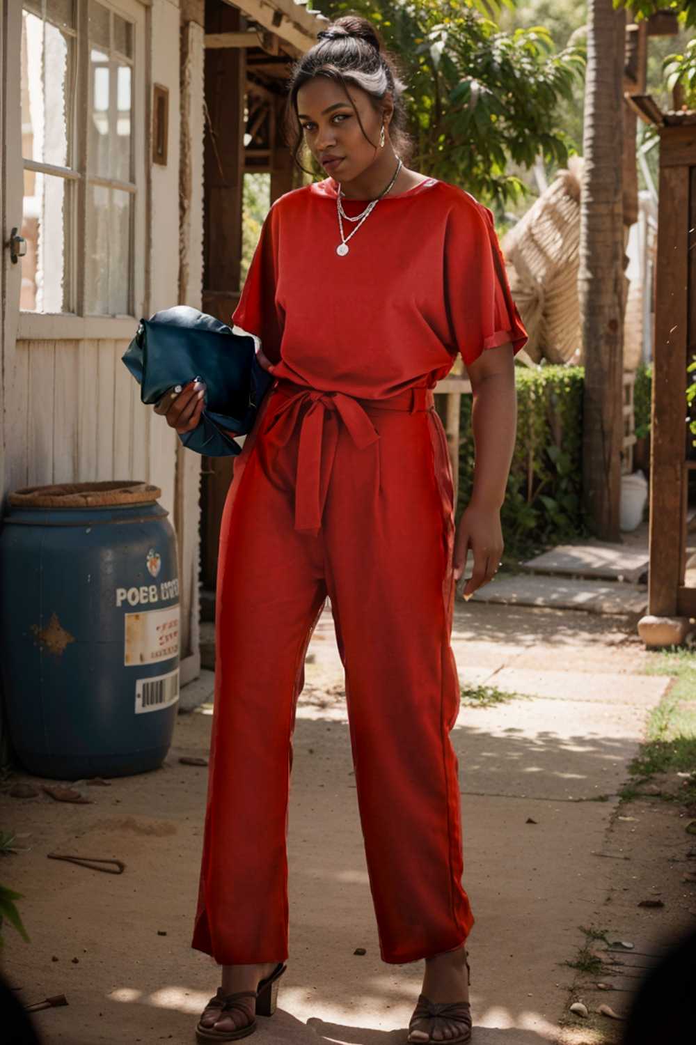 solid five point sleeve belted wide leg jumpsuit 111235