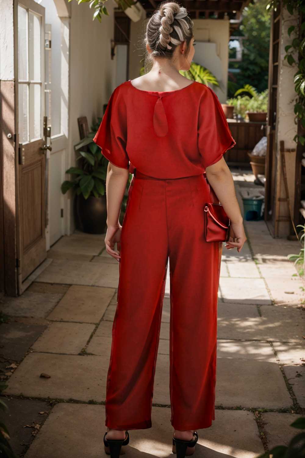 solid five point sleeve belted wide leg jumpsuit 111233