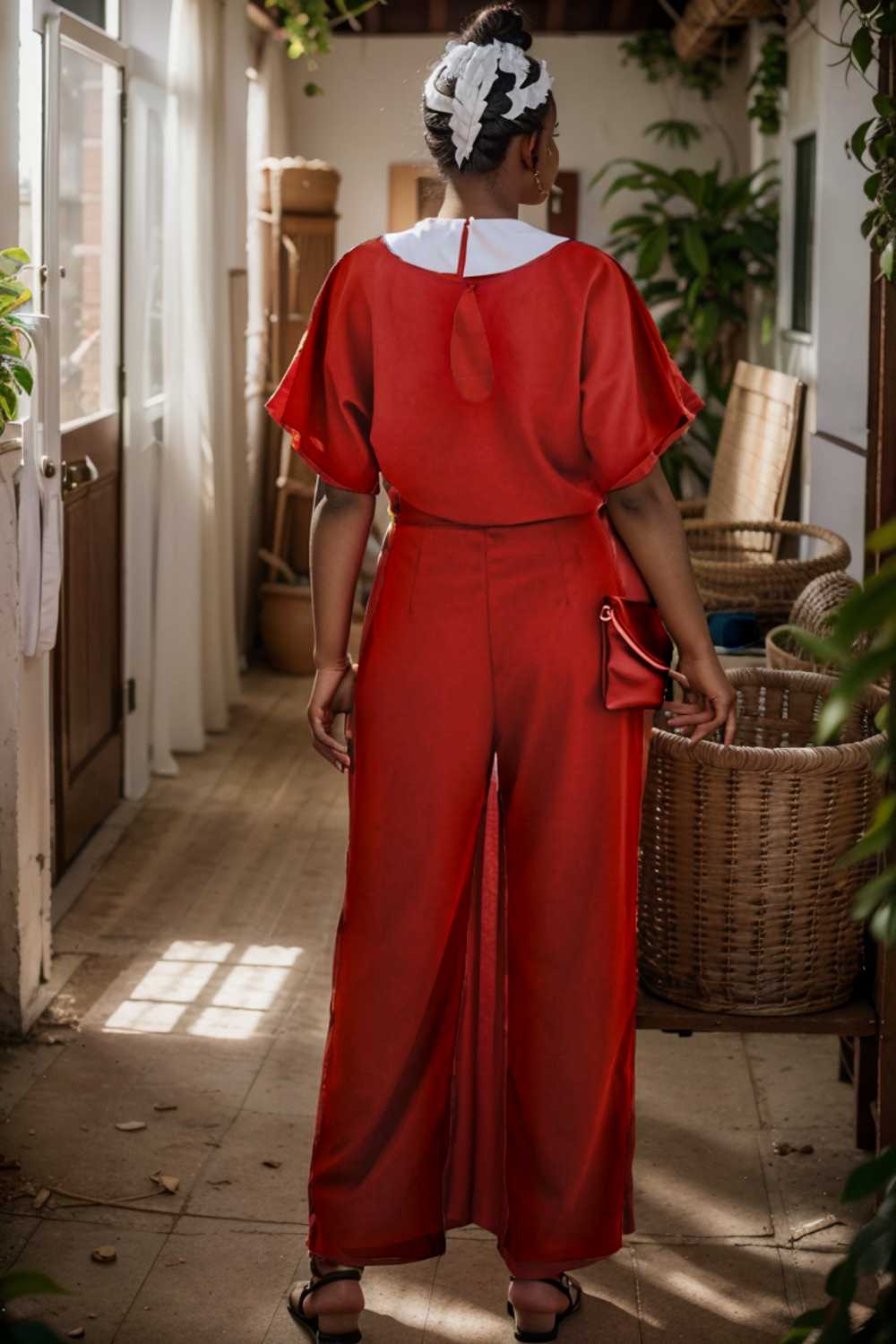 solid five point sleeve belted wide leg jumpsuit 111232