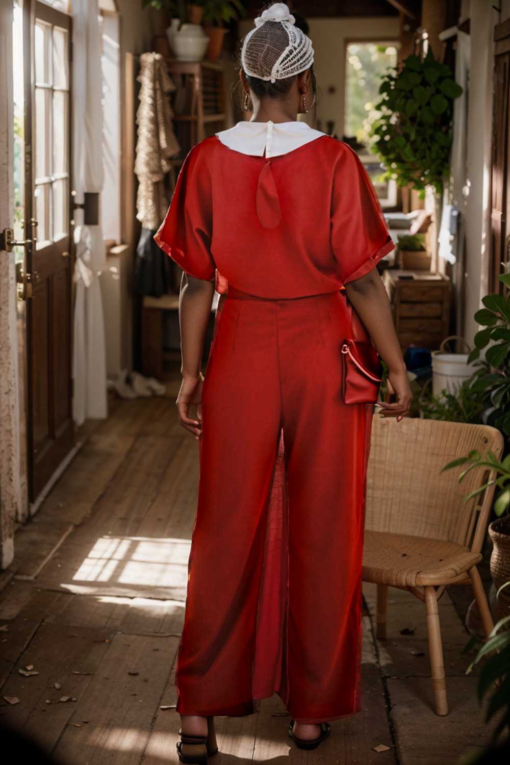 solid five point sleeve belted wide leg jumpsuit 110664