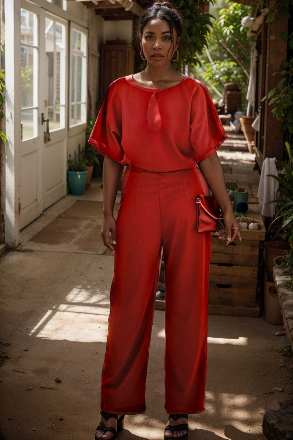 solid five point sleeve belted wide leg jumpsuit 111231