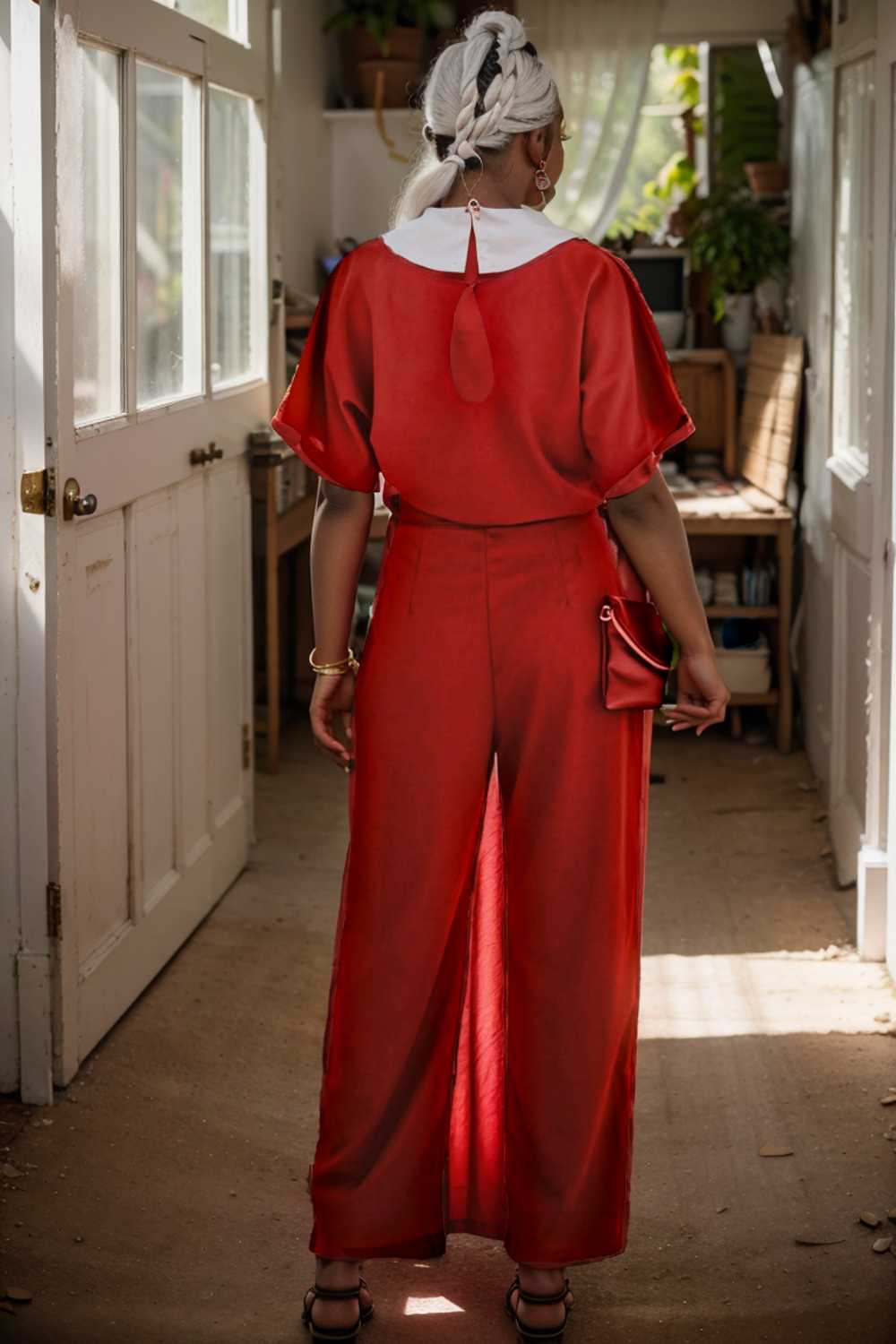 solid five point sleeve belted wide leg jumpsuit 110661
