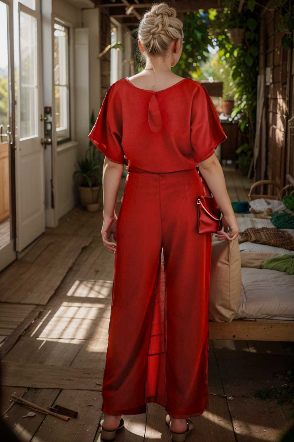 solid five point sleeve belted wide leg jumpsuit 111227