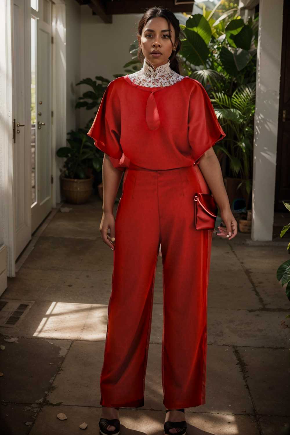 solid five point sleeve belted wide leg jumpsuit 111224