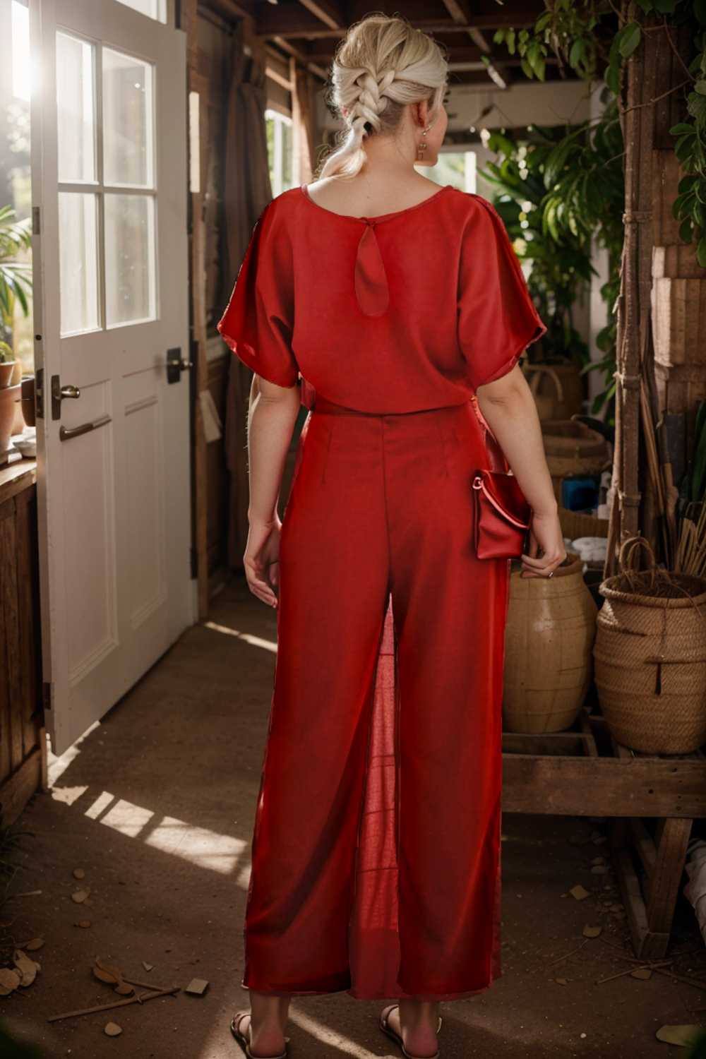 solid five point sleeve belted wide leg jumpsuit 111215
