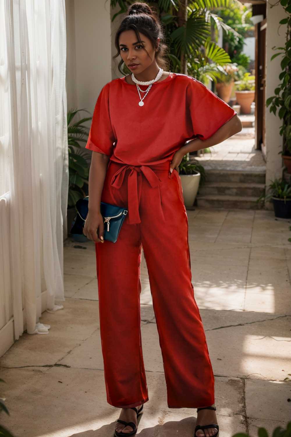 solid five point sleeve belted wide leg jumpsuit 107305