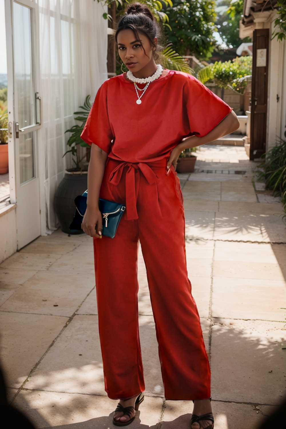 solid five point sleeve belted wide leg jumpsuit 111212