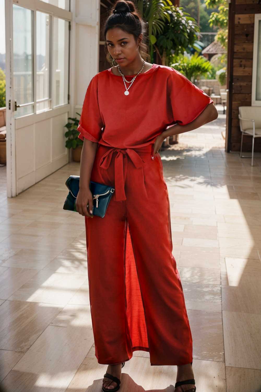 solid five point sleeve belted wide leg jumpsuit 110659