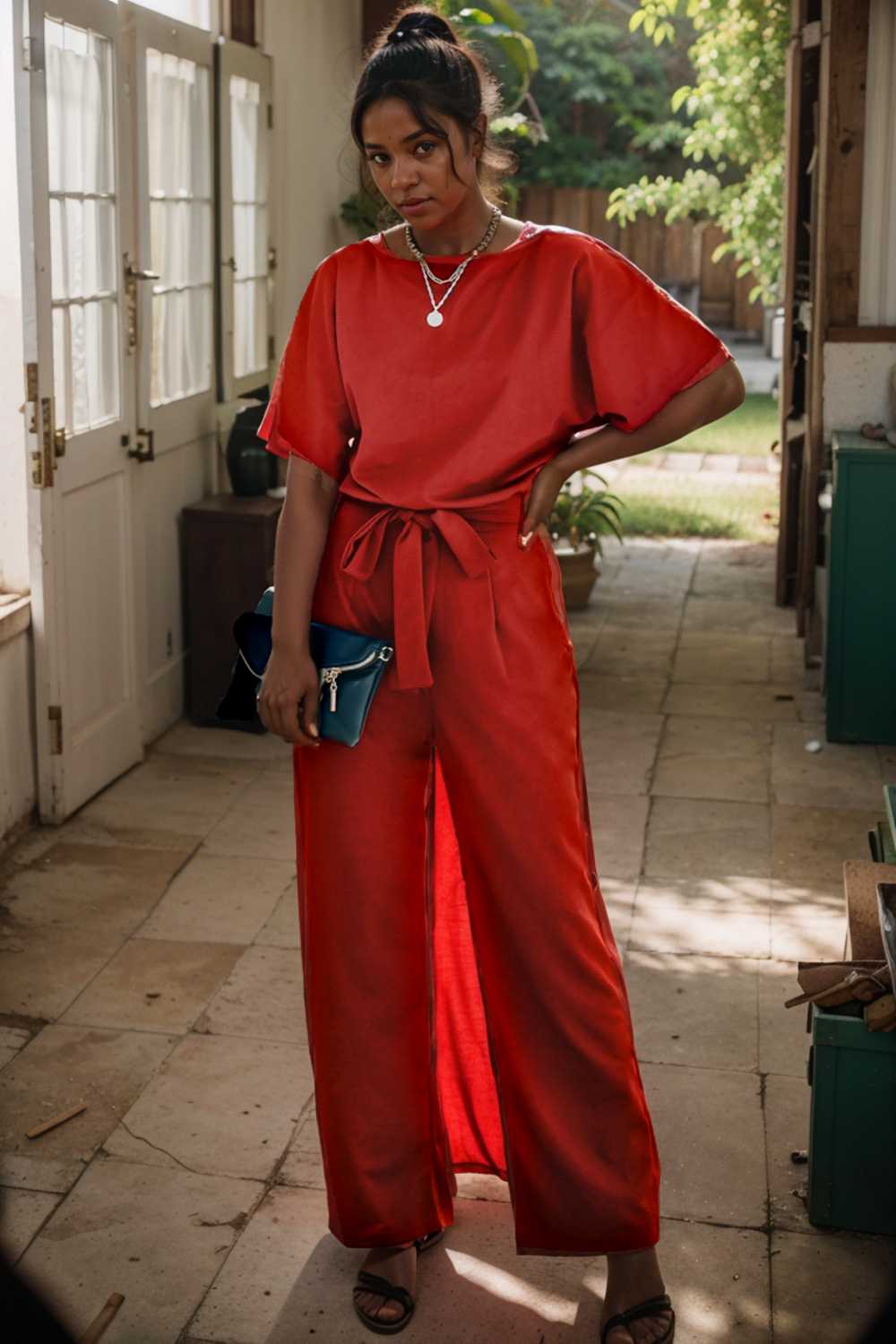 solid five point sleeve belted wide leg jumpsuit 110658