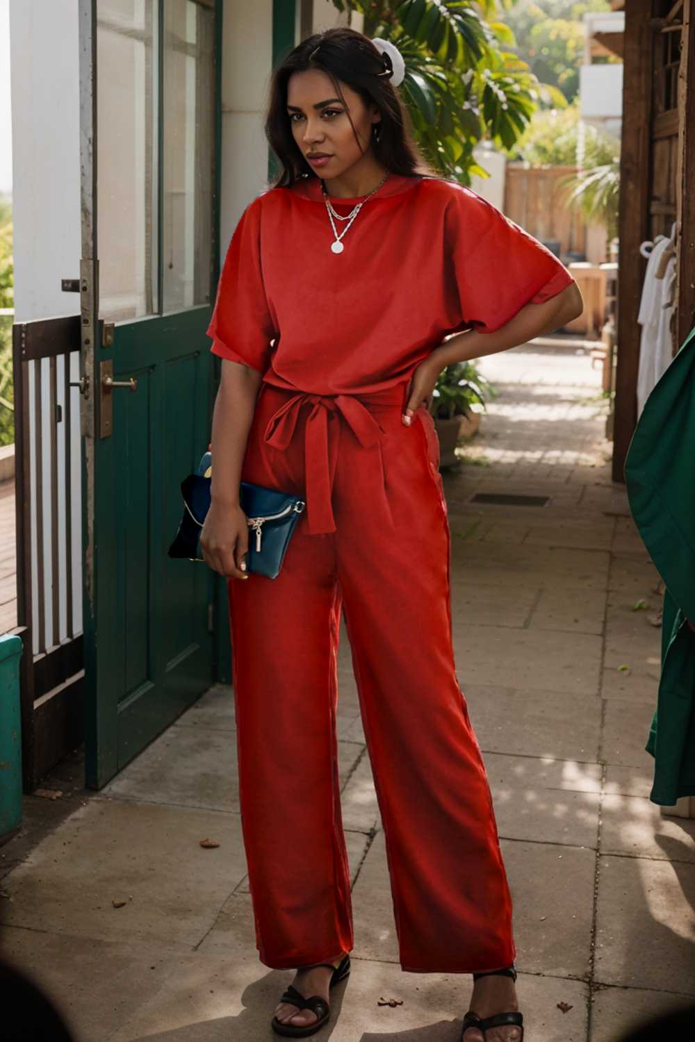 solid five point sleeve belted wide leg jumpsuit 111210