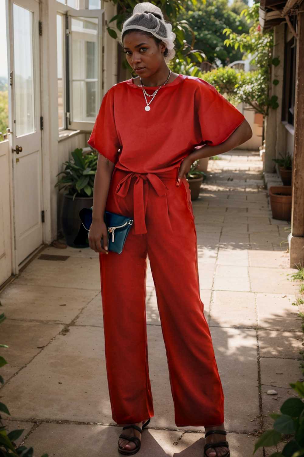 solid five point sleeve belted wide leg jumpsuit 110657