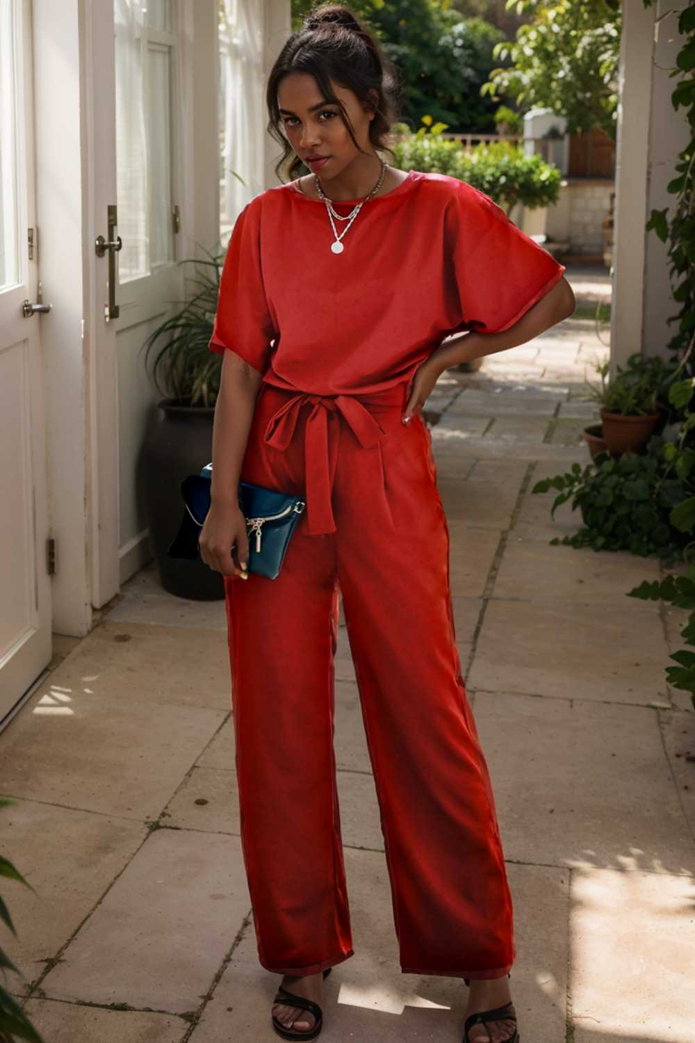 solid five point sleeve belted wide leg jumpsuit 111209