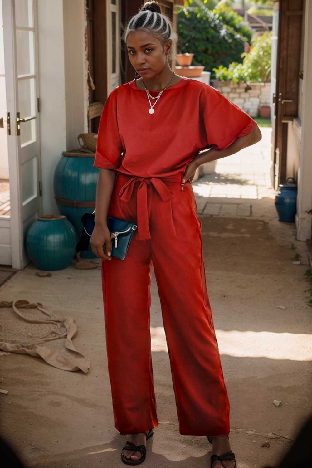 solid five point sleeve belted wide leg jumpsuit 110656