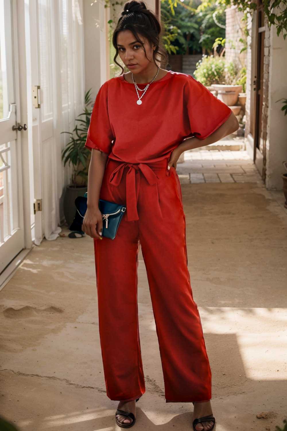 solid five point sleeve belted wide leg jumpsuit 110655