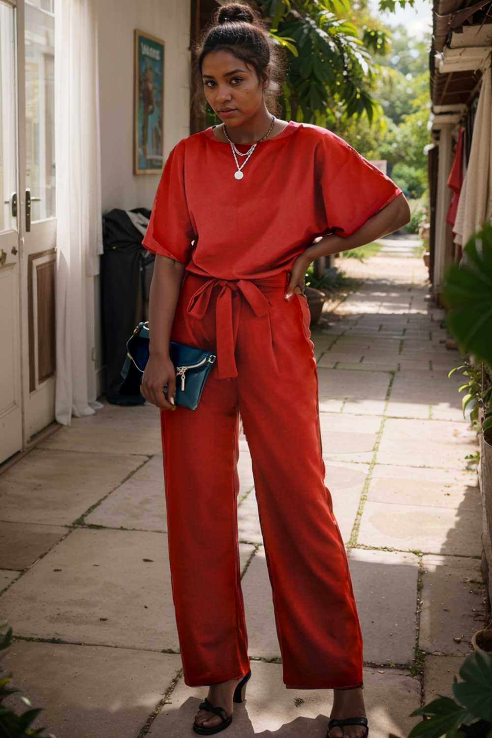 solid five point sleeve belted wide leg jumpsuit 110654
