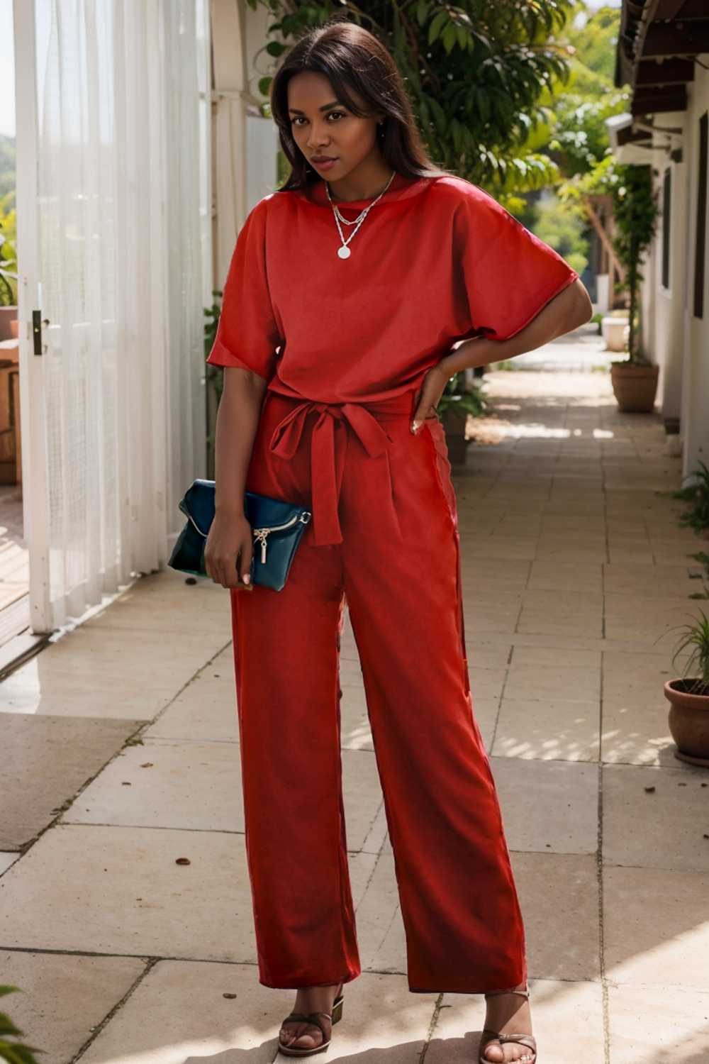 solid five point sleeve belted wide leg jumpsuit 105711