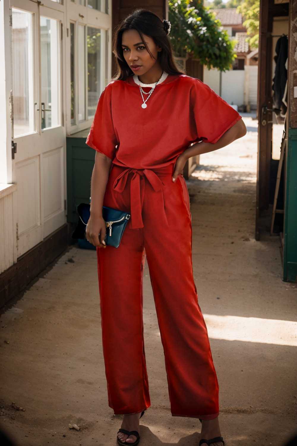 solid five point sleeve belted wide leg jumpsuit 105710