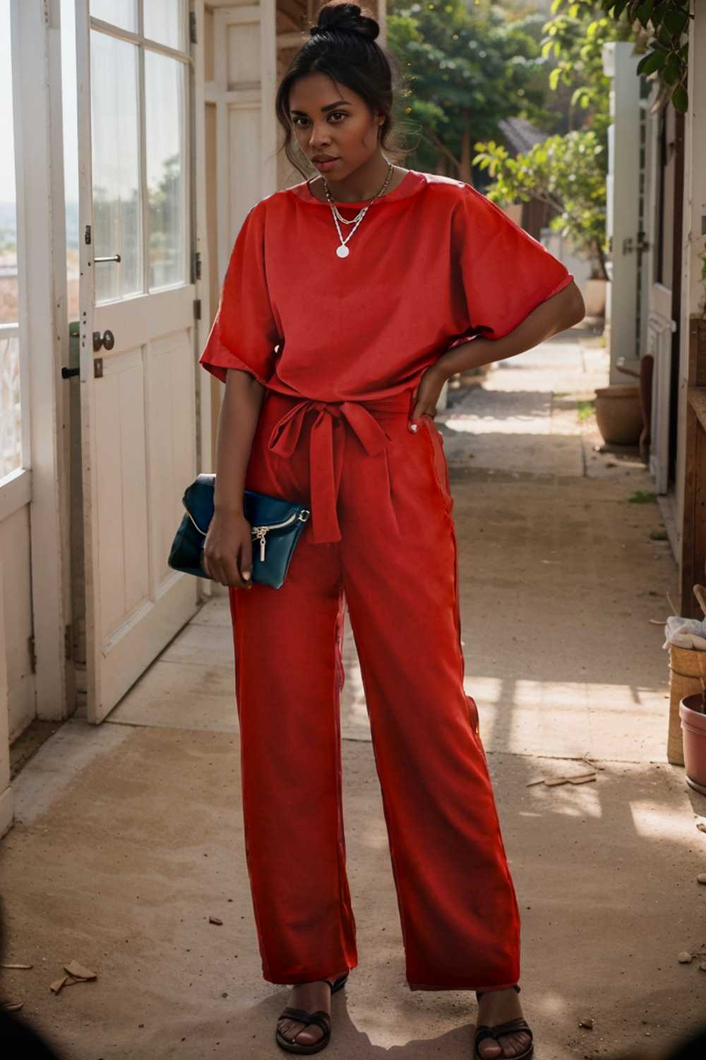 solid five point sleeve belted wide leg jumpsuit 105704
