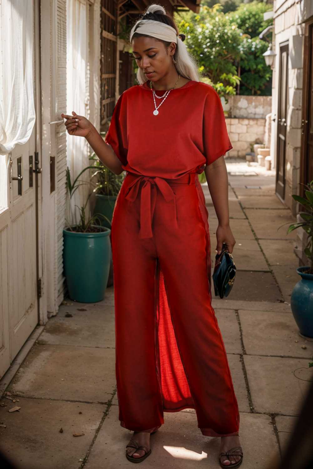 solid five point sleeve belted wide leg jumpsuit 110653