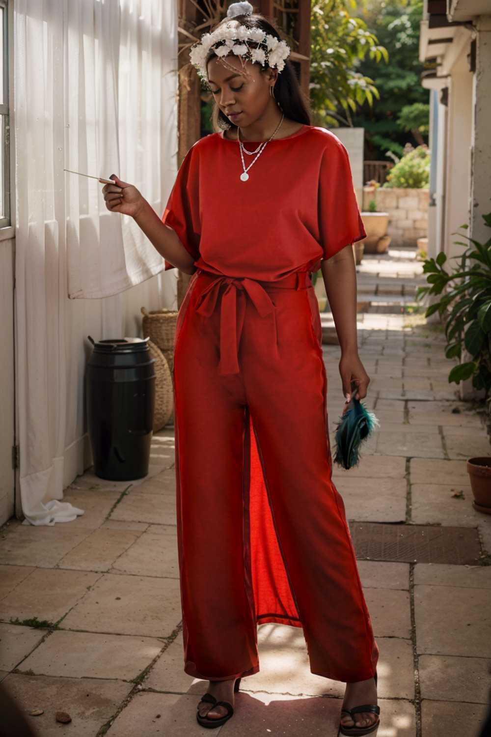 solid five point sleeve belted wide leg jumpsuit 105695