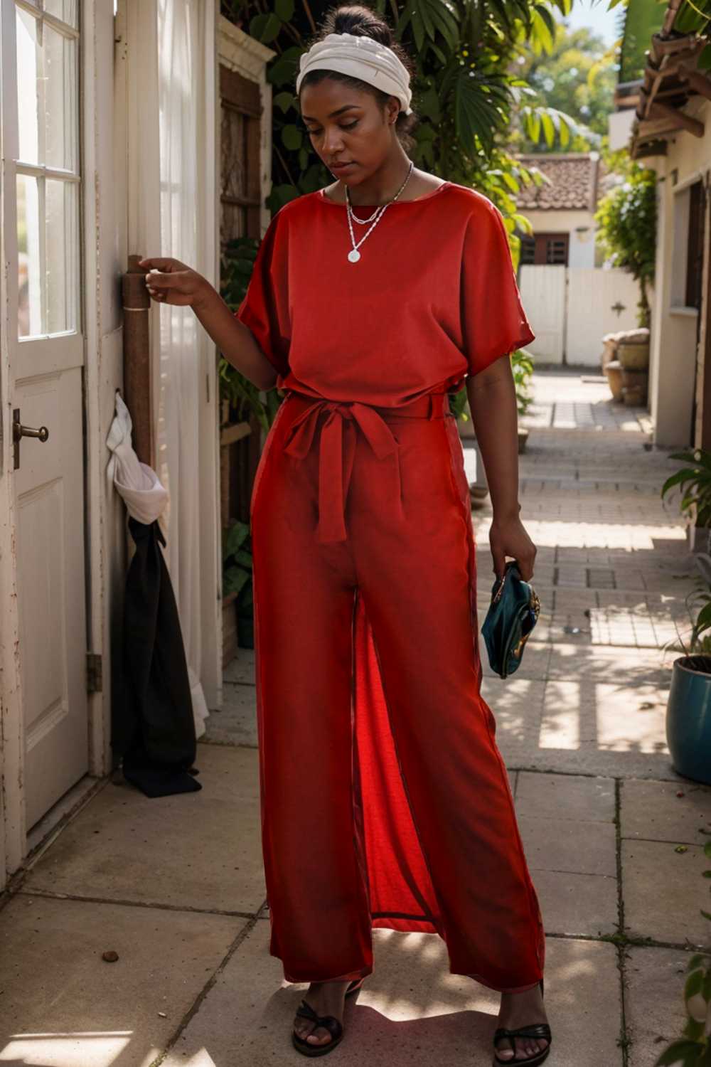 solid five point sleeve belted wide leg jumpsuit 110652