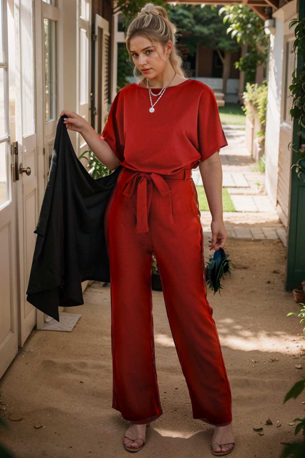 solid five point sleeve belted wide leg jumpsuit 110651