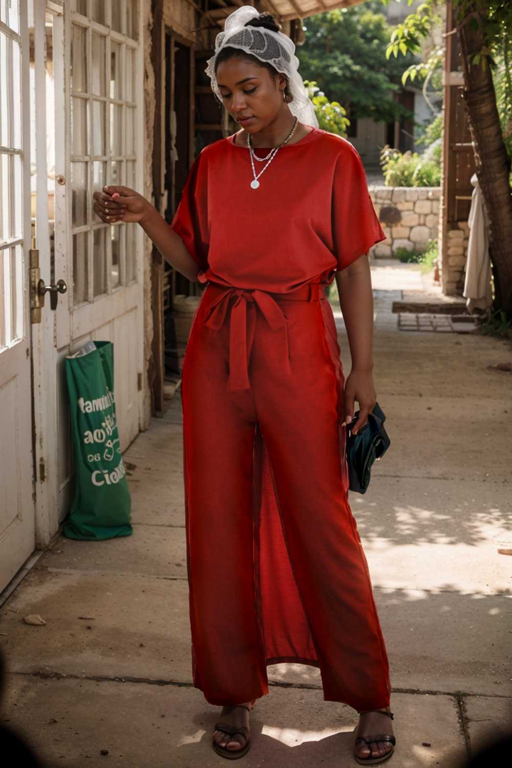 solid five point sleeve belted wide leg jumpsuit 110650