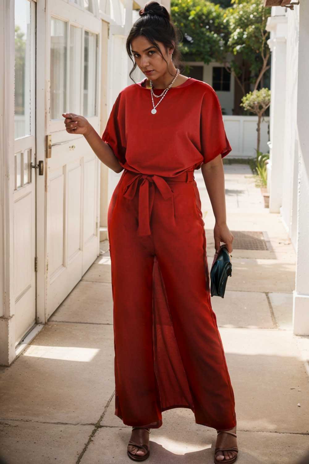 solid five point sleeve belted wide leg jumpsuit 110647
