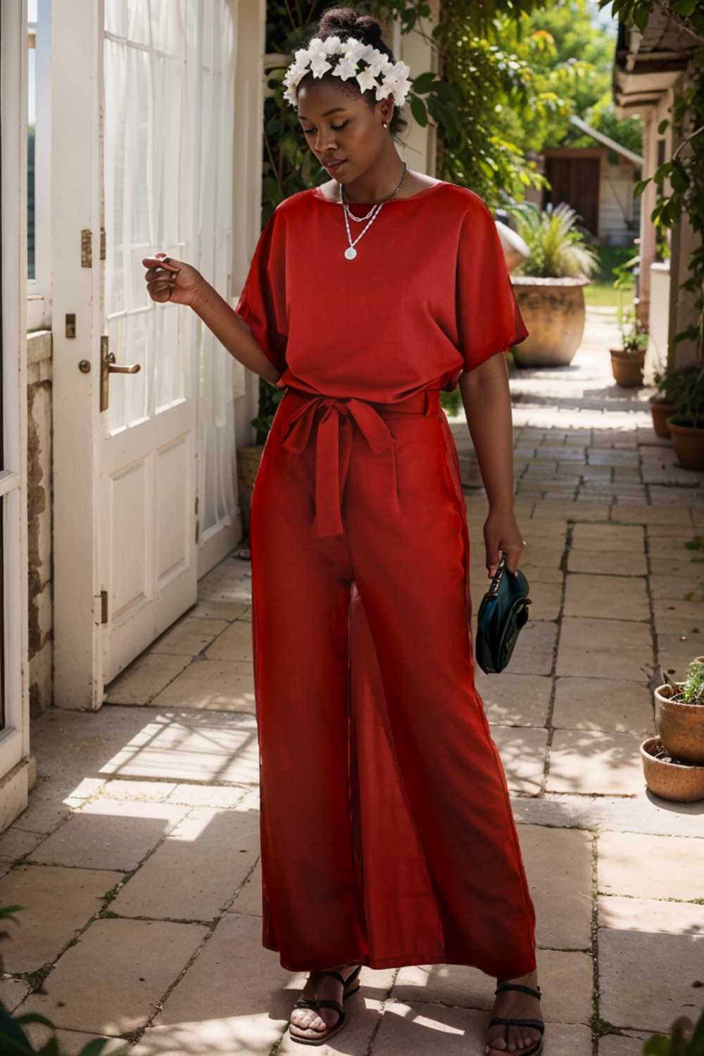 solid five point sleeve belted wide leg jumpsuit 105686
