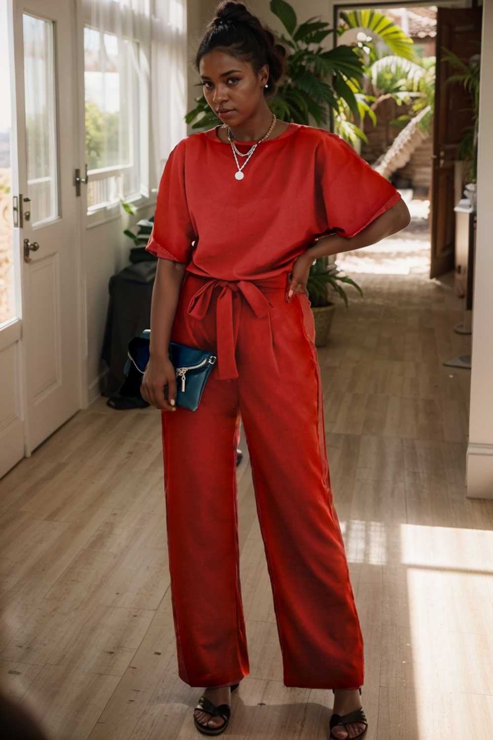 solid five point sleeve belted wide leg jumpsuit 110645