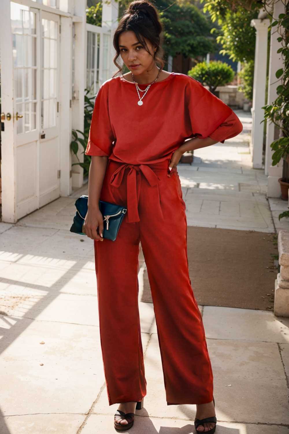 solid five point sleeve belted wide leg jumpsuit 110644