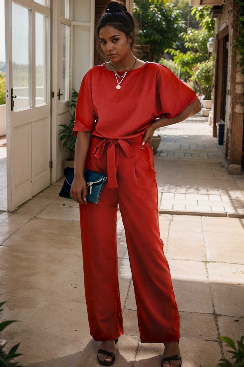 solid five point sleeve belted wide leg jumpsuit 110642
