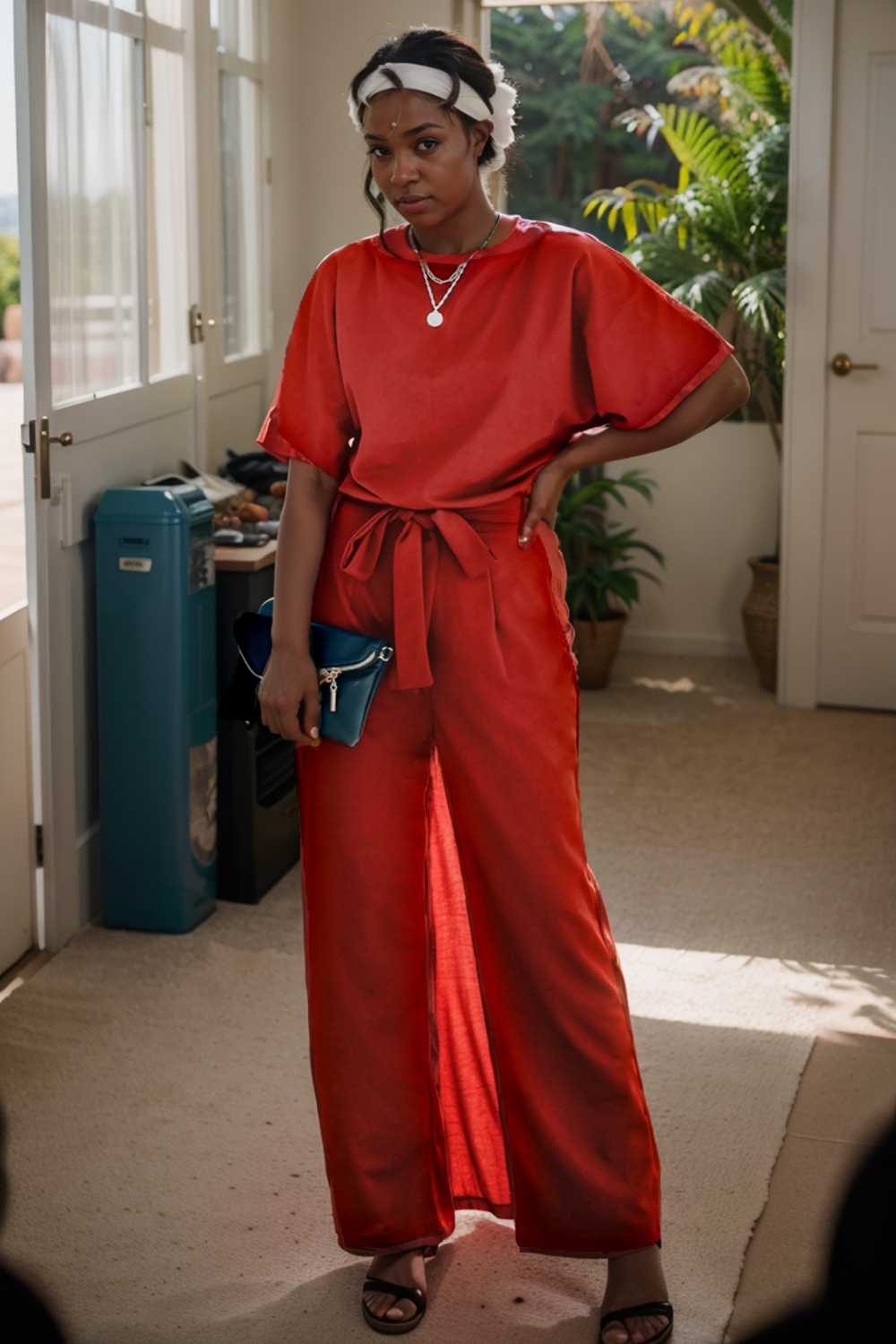solid five point sleeve belted wide leg jumpsuit 110641