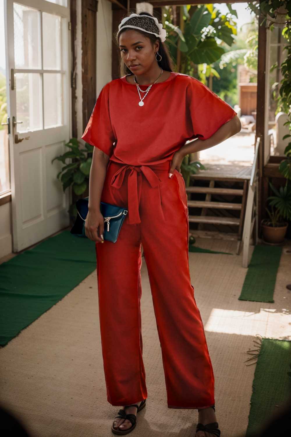 solid five point sleeve belted wide leg jumpsuit 110640