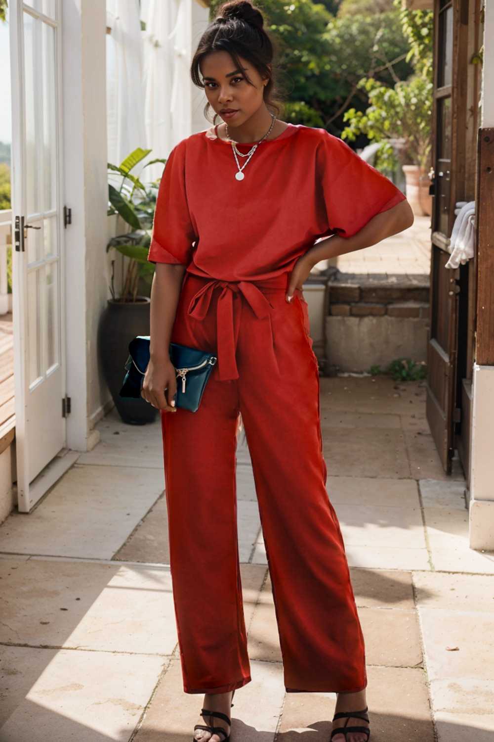 solid five point sleeve belted wide leg jumpsuit 105677