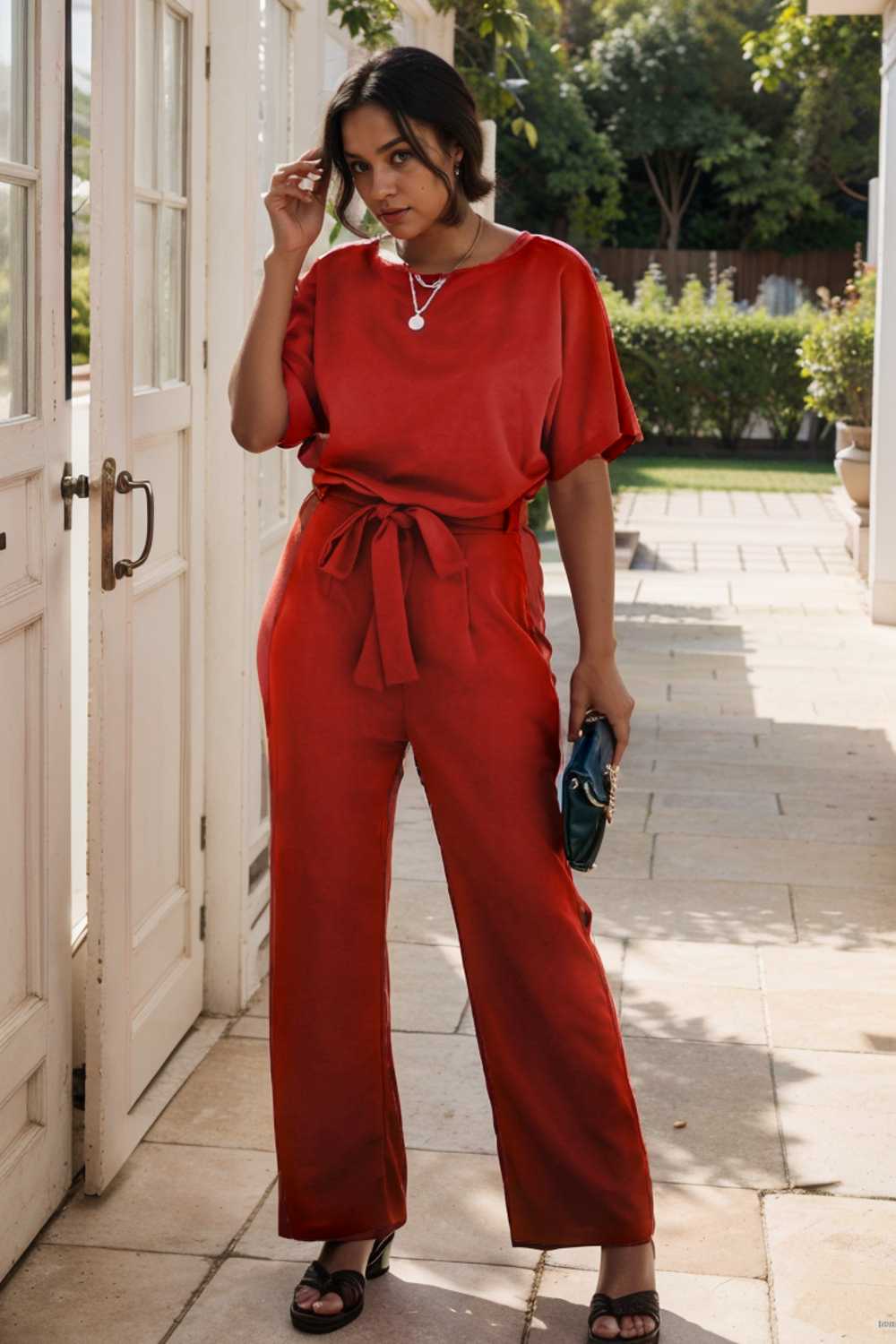 solid five point sleeve belted wide leg jumpsuit 110639