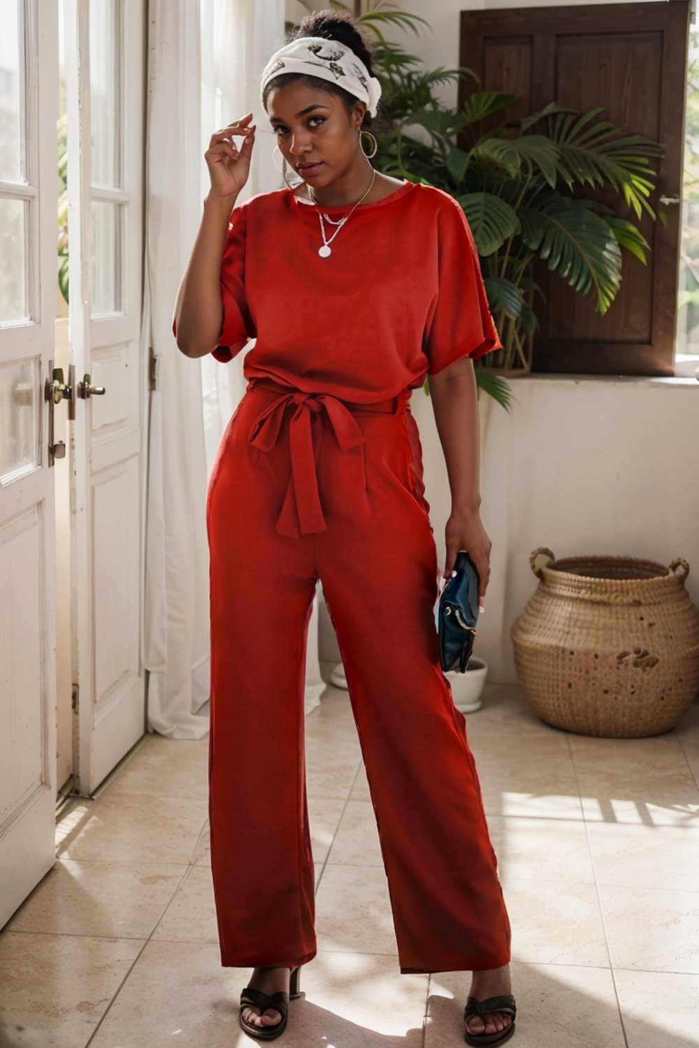 solid five point sleeve belted wide leg jumpsuit 110638