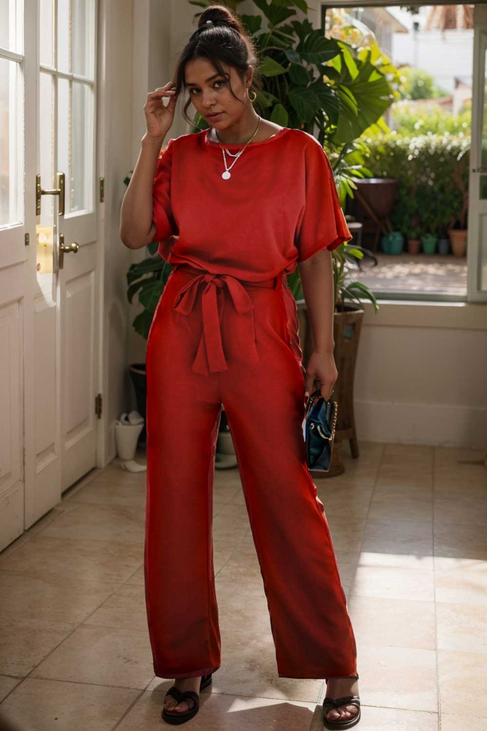 solid five point sleeve belted wide leg jumpsuit 110637