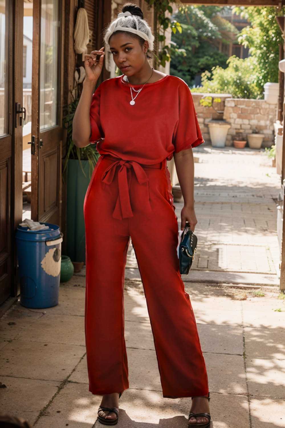 solid five point sleeve belted wide leg jumpsuit 110636