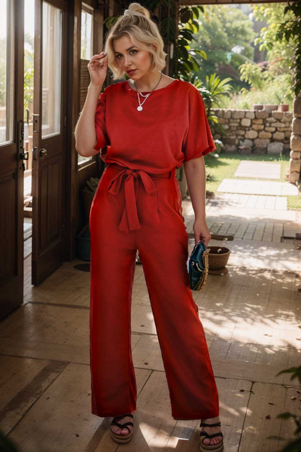solid five point sleeve belted wide leg jumpsuit 105660